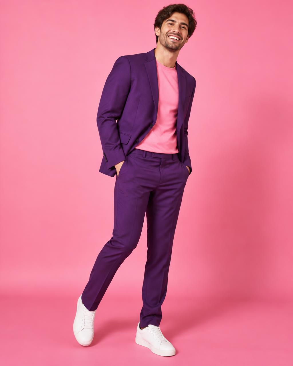 Homem sorrindo de terno roxo em fundo rosa